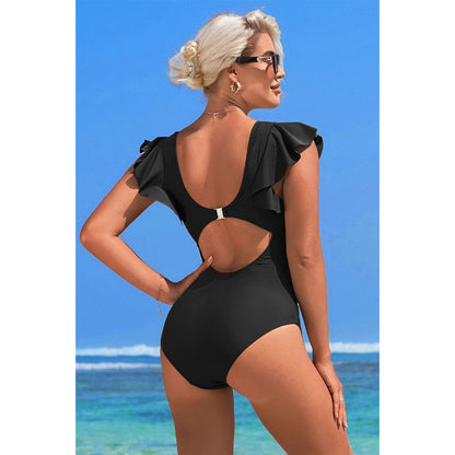 Charmo Women's Ruffled Shoulder One Piece Swimsuit Embellished V-Neck & Back Cutout Bathing Suit