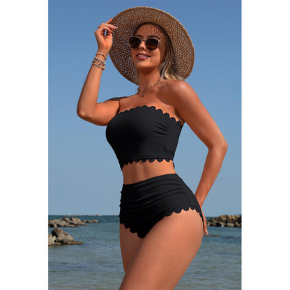 Charmo Women's Scalloped Ribbed Bandeau High Waisted Bikini Set with Removable Straps