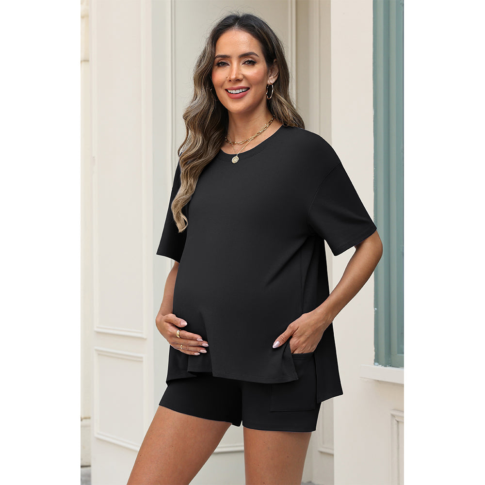 Attraco Maternity Two Piece Side Slit Short Sleeve Lounge Set with Pocketed High Waist Shorts