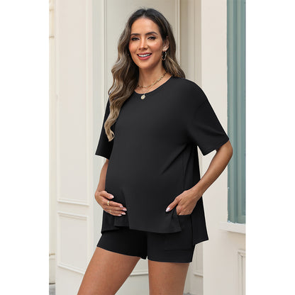 Attraco Maternity Two Piece Side Slit Short Sleeve Lounge Set with Pocketed High Waist Shorts