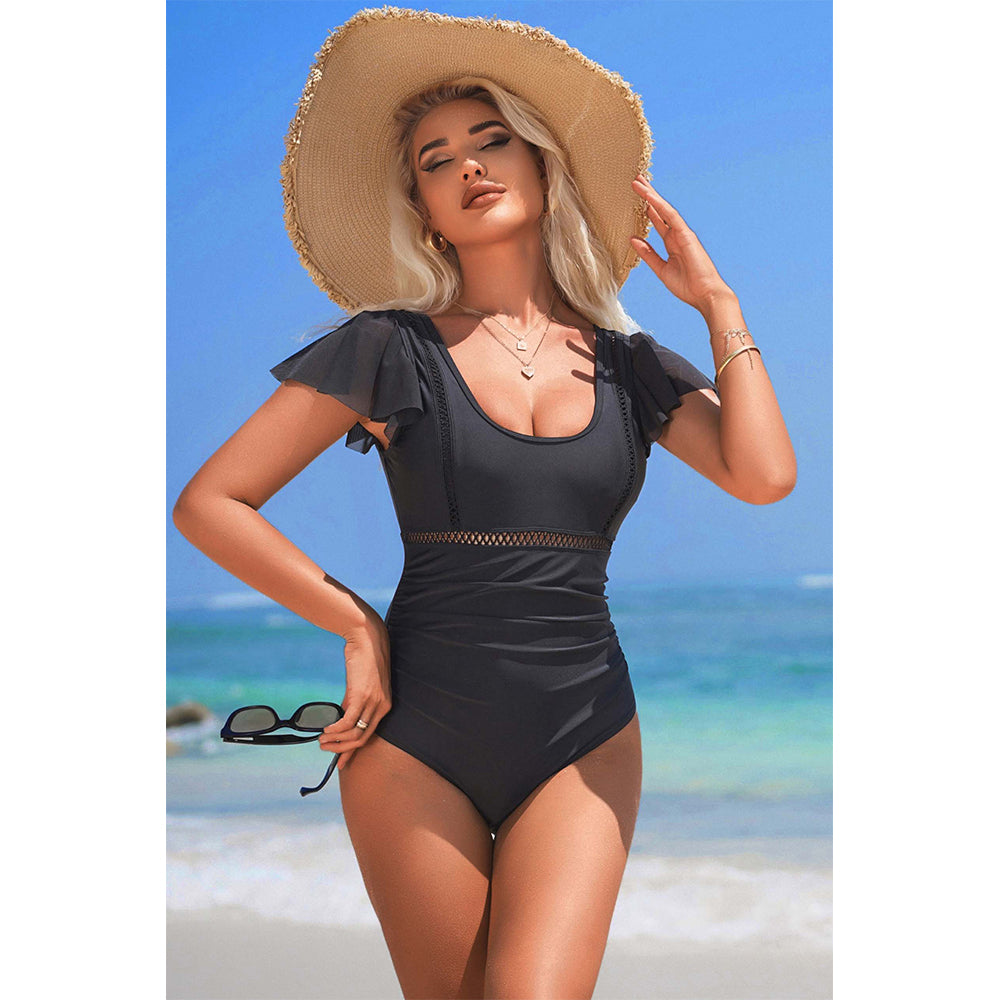 Charmo Women's Ruffled Sleeve One Piece Swimsuit Ruched V Back Tummy Control Bathing Suit