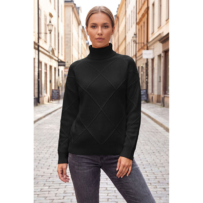 Attraco Women's Turtleneck Diamond Knit Sweater Long Sleeve Ribbed Pullover Cozy Winter Sweater