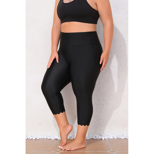 Charmo Women's Plus Size High Waisted Capri Swim Leggings with Scalloped Hem Swim Pants