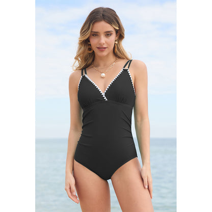 Charmo Women's Trimmed V Neck One Piece Swimsuit Ruched Back Cutout Tummy Control Bathing Suit