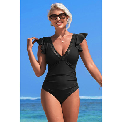Charmo Women's Ruffled Shoulder One Piece Swimsuit Embellished V-Neck & Back Cutout Bathing Suit
