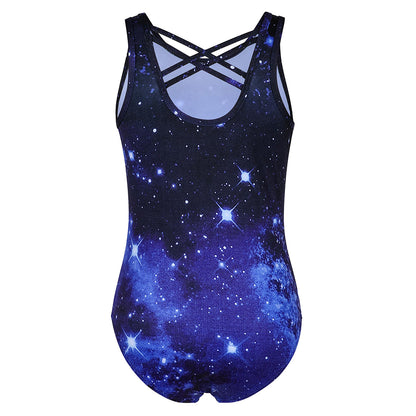 Charmo Girls Scoop Neck Cross Back Printed Gymnastics Leotard with Matching Shorts and Hair Scrunchie