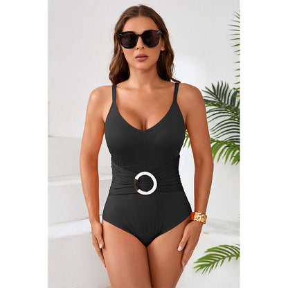 Charmo Women's Ribbed Plunge V-Neck O Ring Waist Cutout Back One Piece Swimsuit