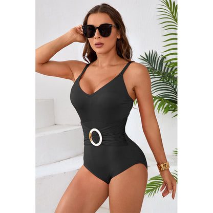 Charmo Women's Ribbed Plunge V-Neck O Ring Waist Cutout Back One Piece Swimsuit