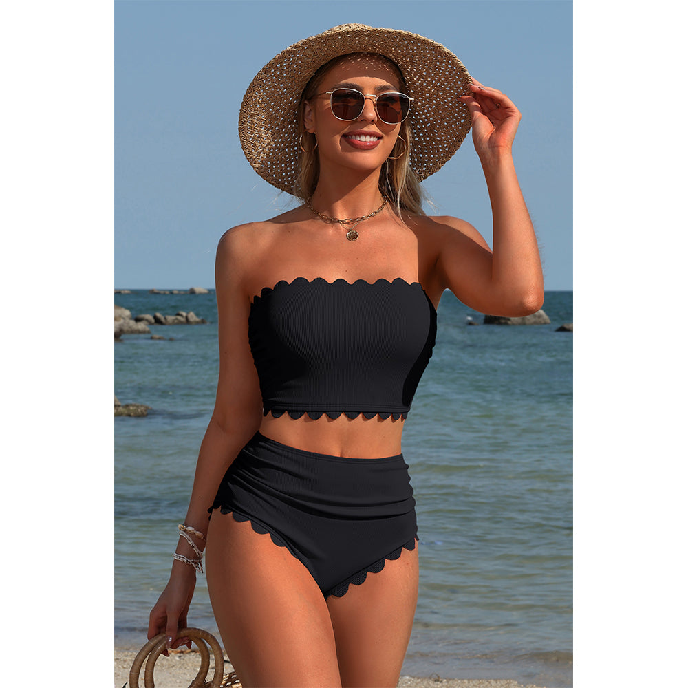 Charmo Women's Scalloped Ribbed Bandeau High Waisted Bikini Set with Removable Straps