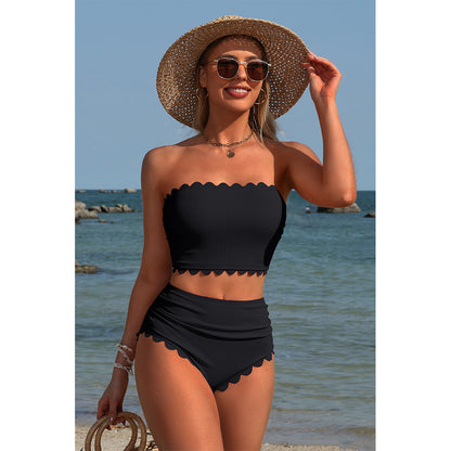 Charmo Women's Scalloped Ribbed Bandeau High Waisted Bikini Set with Removable Straps