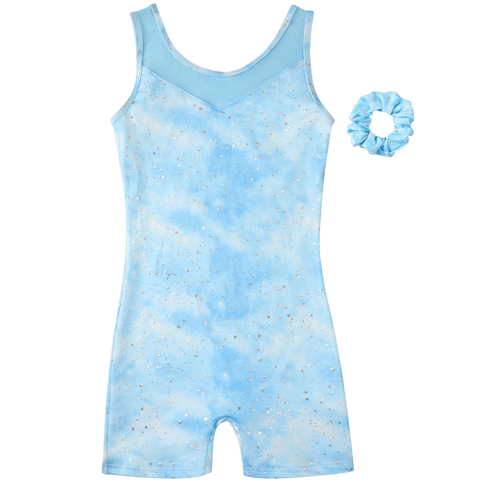 Charmo Girls Sleeveless Gymnastics Unitard, Glitter Butterfly Dance Outfit with Mesh Yoke & Matching Scrunchie Gymnastics Leotards 5-12Years