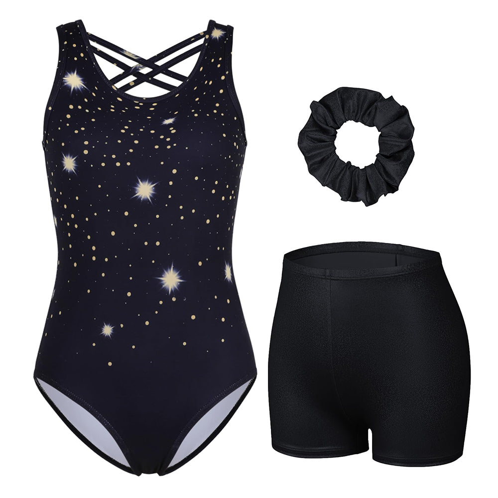 Charmo Girls Scoop Neck Cross Back Printed Gymnastics Leotard with Matching Shorts and Hair Scrunchie