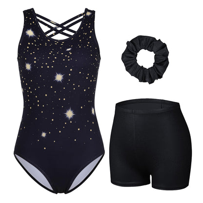Charmo Girls Scoop Neck Cross Back Printed Gymnastics Leotard with Matching Shorts and Hair Scrunchie
