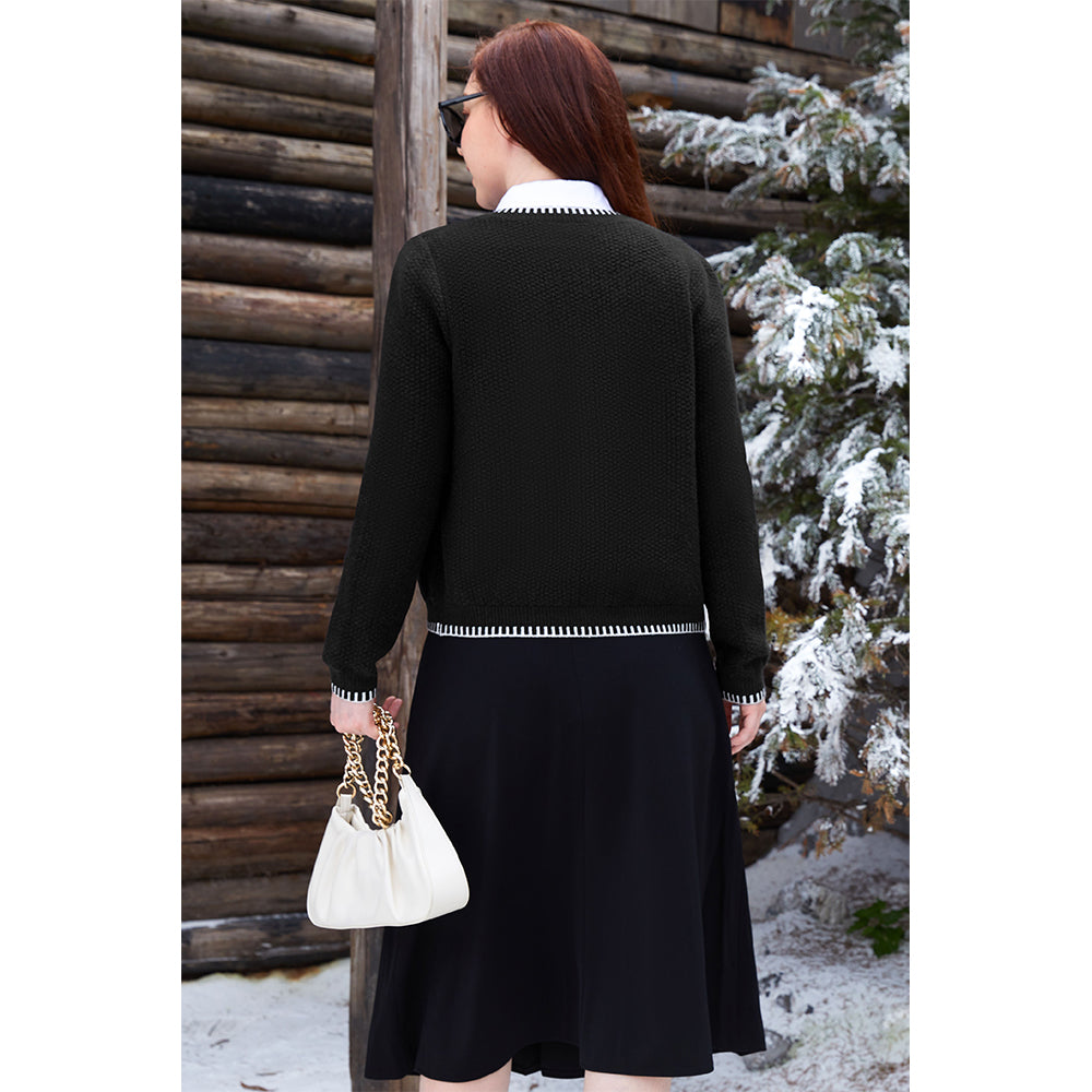 V For City Women's Tweed Jacket Cardigan Blazers Round Neck Long Sleeve Button Down Sweater Coat with Pockets