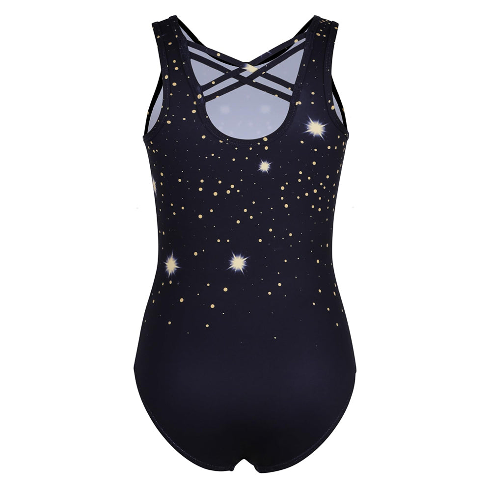 Charmo Girls Scoop Neck Cross Back Printed Gymnastics Leotard with Matching Shorts and Hair Scrunchie