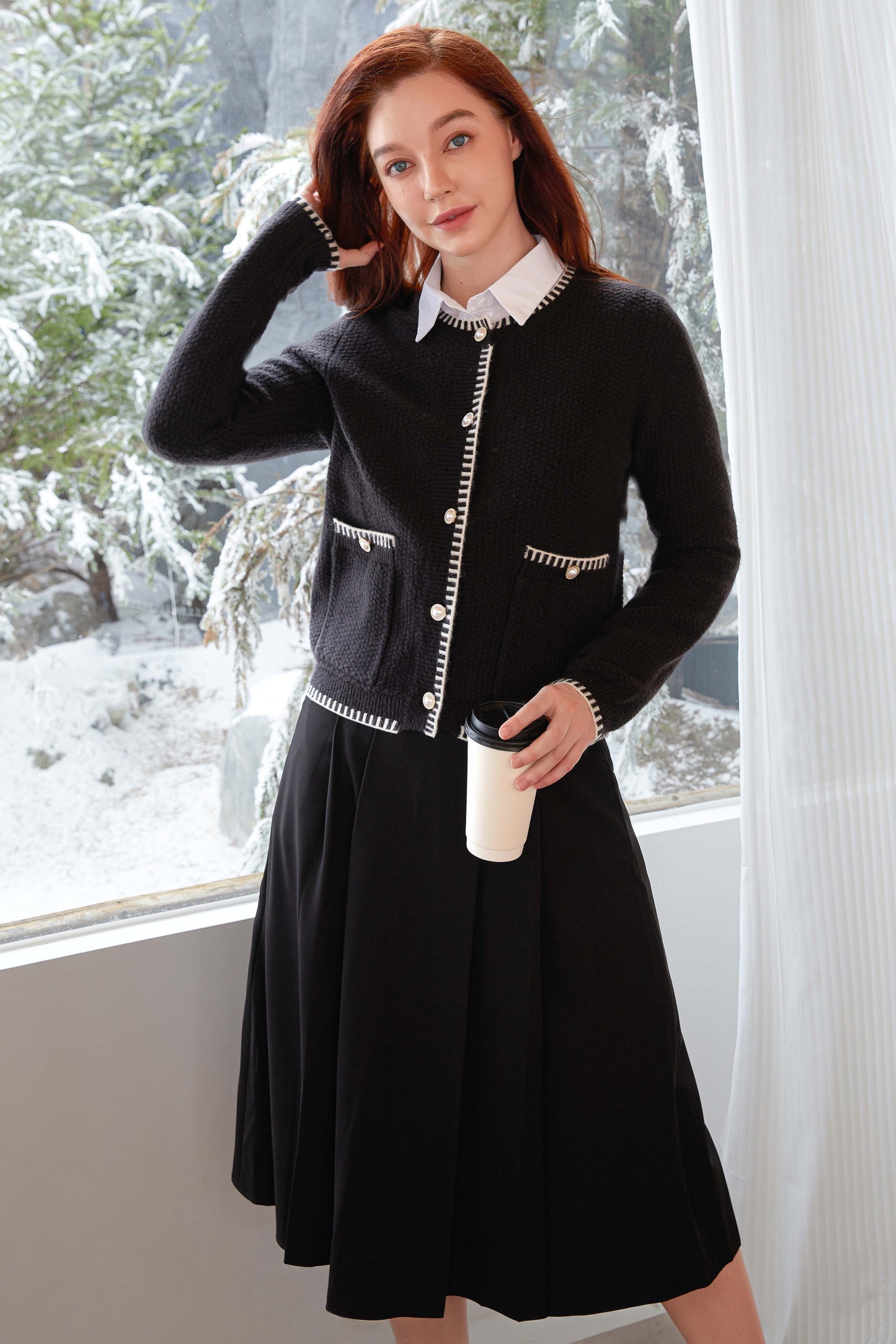 V For City Women's Tweed Jacket Cardigan Blazers Round Neck Long Sleeve Button Down Sweater Coat with Pockets