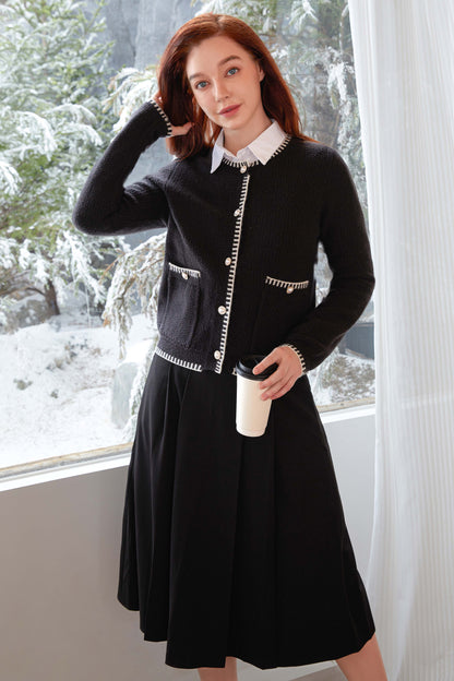 V For City Women's Tweed Jacket Cardigan Blazers Round Neck Long Sleeve Button Down Sweater Coat with Pockets