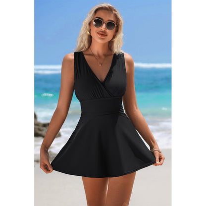 Charmo Women's Sleeveless V Neck Wrapped One Piece Swimsuit wiht Built In Bottom & Ruched Waist Swim Dress