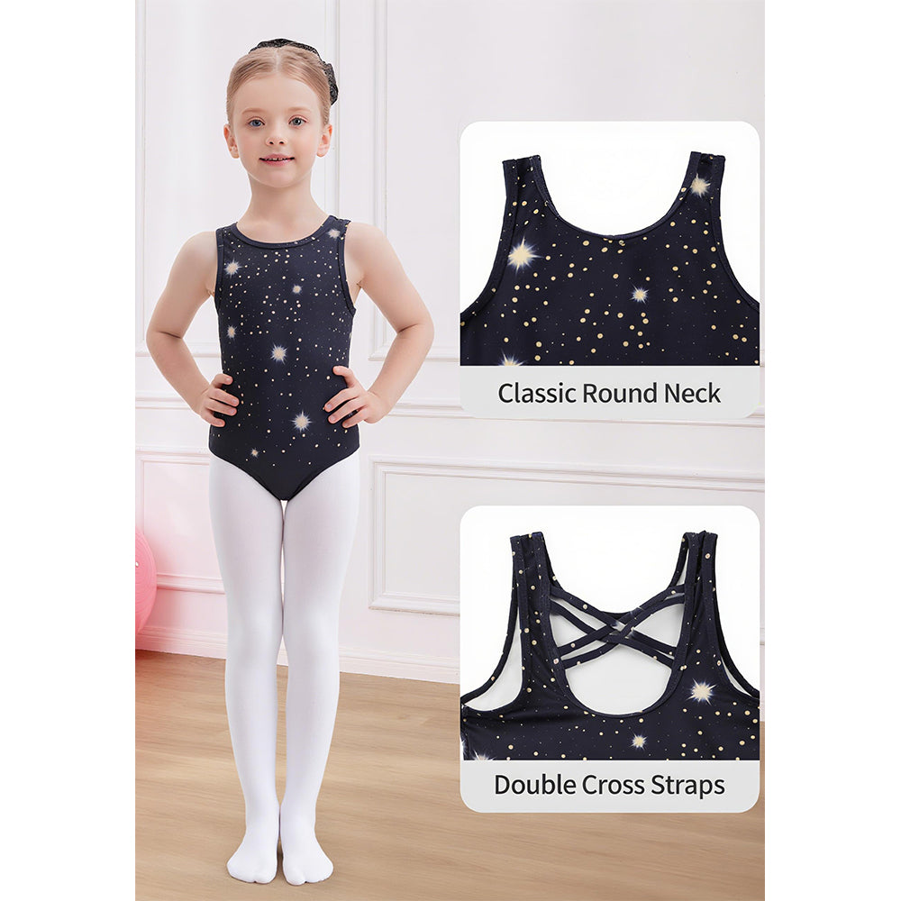 Charmo Girls Scoop Neck Cross Back Printed Gymnastics Leotard with Matching Shorts and Hair Scrunchie