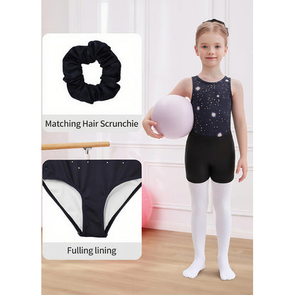 Charmo Girls Scoop Neck Cross Back Printed Gymnastics Leotard with Matching Shorts and Hair Scrunchie