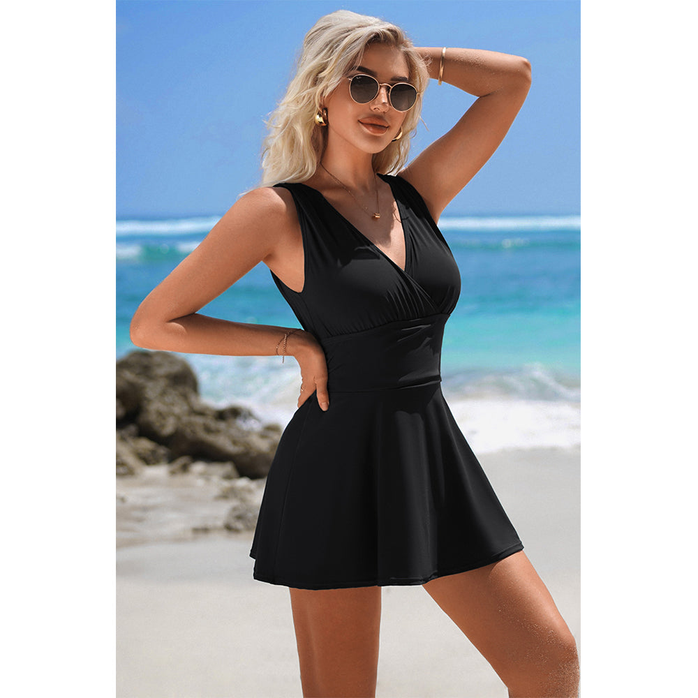 Charmo Women's Sleeveless V Neck Wrapped One Piece Swimsuit wiht Built In Bottom & Ruched Waist Swim Dress