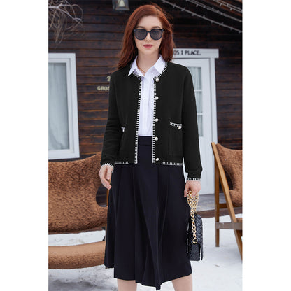 V For City Women's Tweed Jacket Cardigan Blazers Round Neck Long Sleeve Button Down Sweater Coat with Pockets