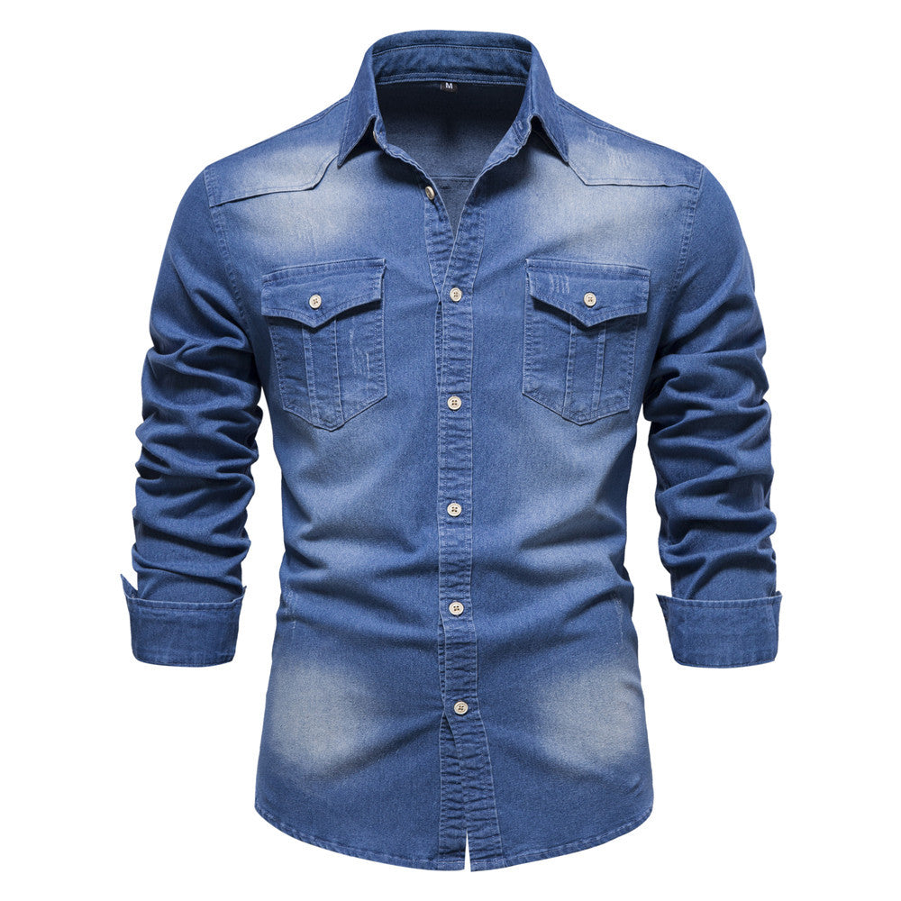 Attraco Men's Classic Slim Fit Long Sleeve Button Front Lapel Denim Shirt with Two Chest Pockets