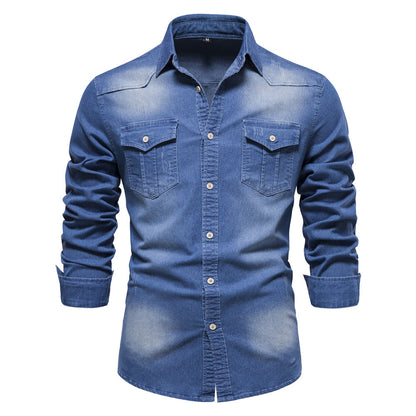 Attraco Men's Classic Slim Fit Long Sleeve Button Front Lapel Denim Shirt with Two Chest Pockets