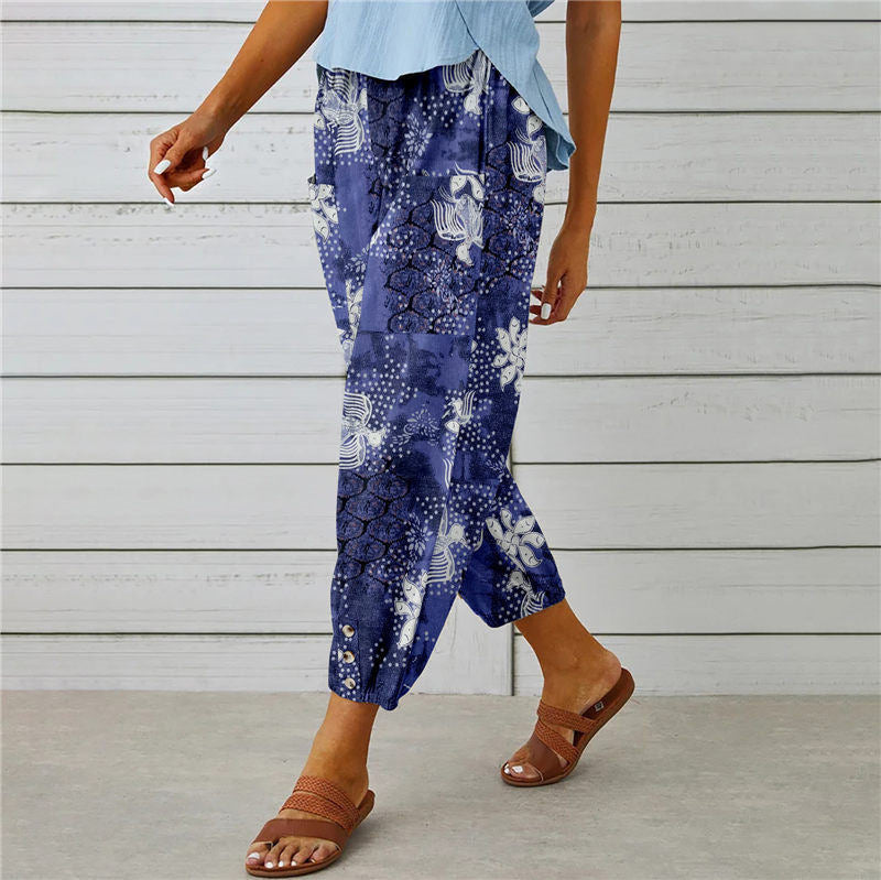 Attraco Women High Waist Drawstring Cropped Jogger Pants Vintage Floral Print Side Pocket Casual Trousers