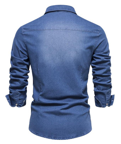 Attraco Men's Classic Slim Fit Long Sleeve Button Front Lapel Denim Shirt with Two Chest Pockets
