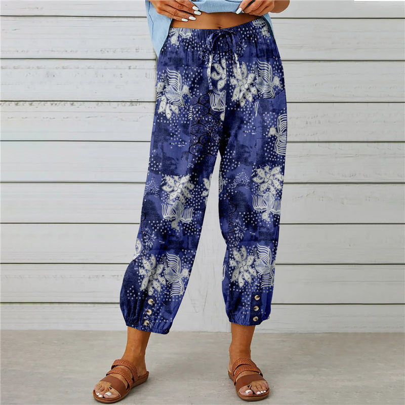 Attraco Women High Waist Drawstring Cropped Jogger Pants Vintage Floral Print Side Pocket Casual Trousers