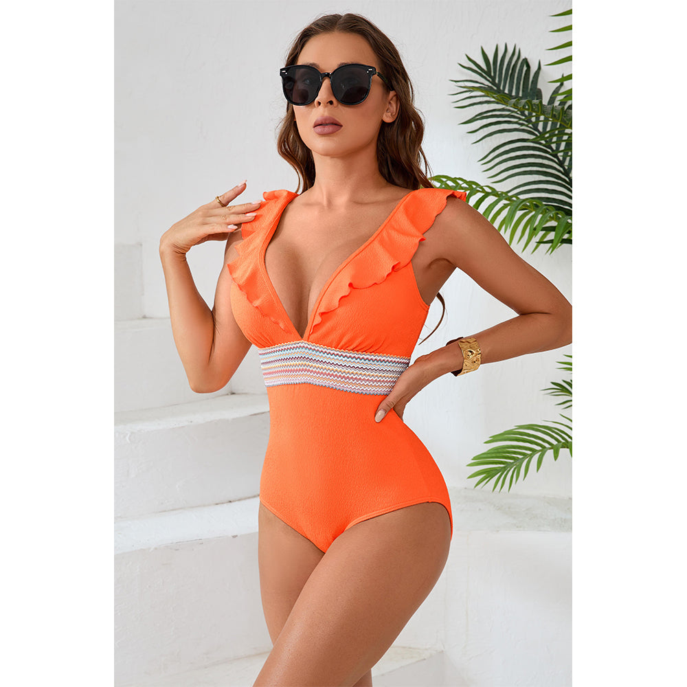 Charmo Women's Ruffled Plunge V Neck Cutout Back One Piece Swimsuit with Waist Band