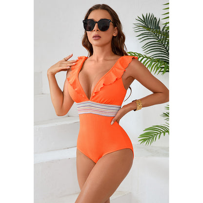 Charmo Women's Ruffled Plunge V Neck Cutout Back One Piece Swimsuit with Waist Band