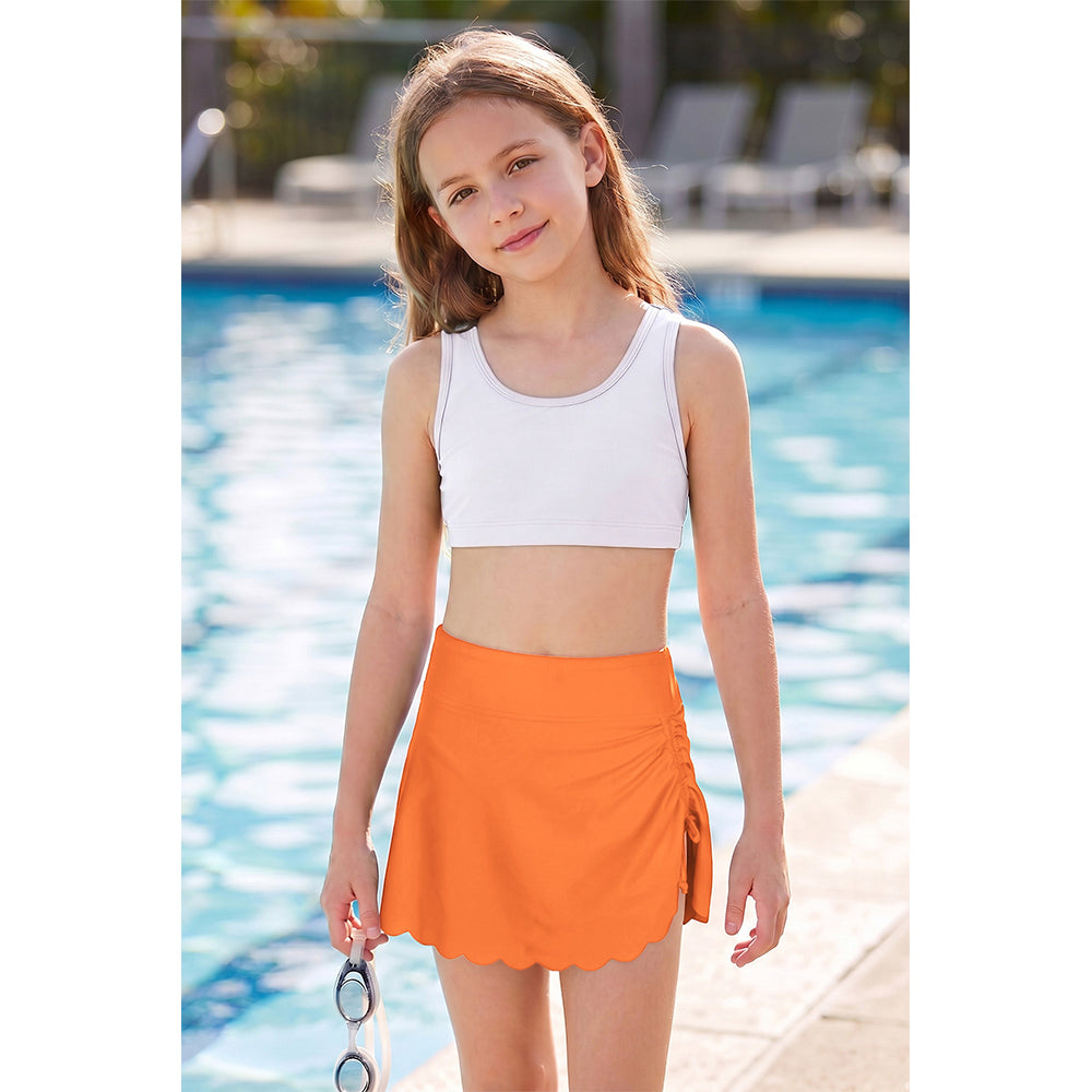 Charmo Girls High Waist Adjustable Drawstring Scalloped Hem Swim Skirt with Built-in Brief