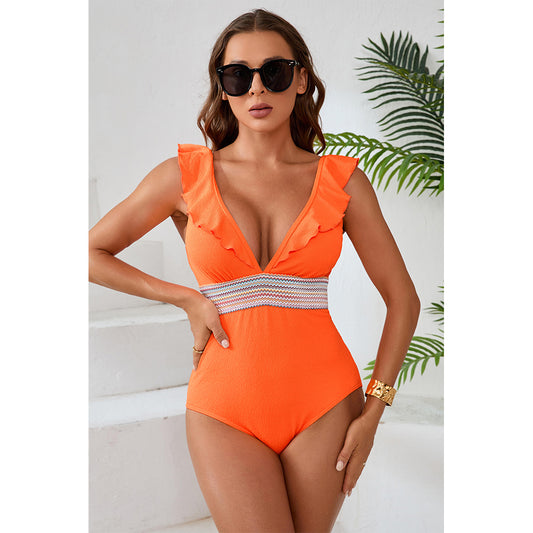 Charmo Women's Ruffled Plunge V Neck Cutout Back One Piece Swimsuit with Waist Band