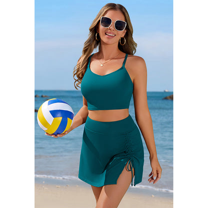 Women's Ribbed Sporty Two-Piece Swim Set with Crop Top & Flared Skirt Bottom Bikini Set