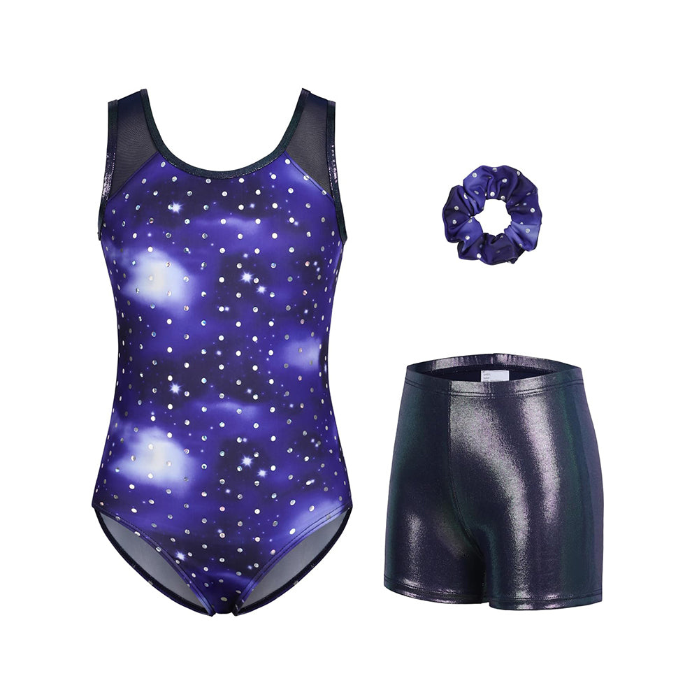 Charmo Girls 3 Pieces Mesh Back Printed Gymnastics Leotard Set with Shorts and Matching Hair Scrunchie 8-14 Years
