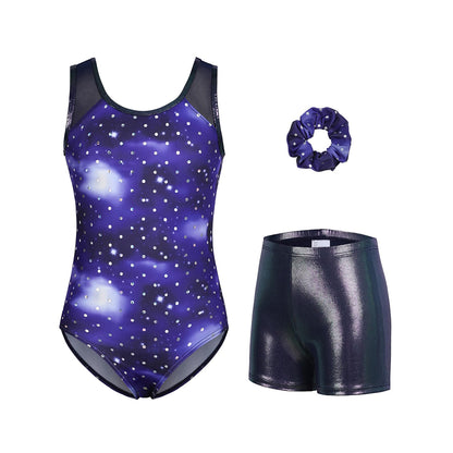 Charmo Girls 3 Pieces Mesh Back Printed Gymnastics Leotard Set with Shorts and Matching Hair Scrunchie 8-14 Years