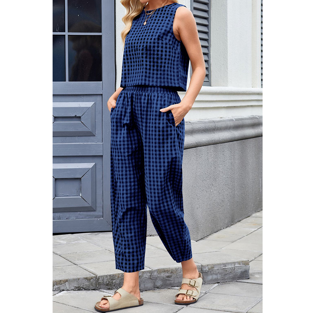 Attraco Women Sleeveless Cropped Top 2 Piece Gingham Loungewear Set Elastic Waist Pocket Wide Leg Cropped Pants Sets