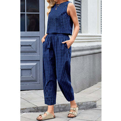 Attraco Women Sleeveless Cropped Top 2 Piece Gingham Loungewear Set Elastic Waist Pocket Wide Leg Cropped Pants Sets