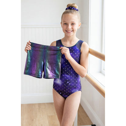Charmo Girls 3 Pieces Mesh Back Printed Gymnastics Leotard Set with Shorts and Matching Hair Scrunchie 8-14 Years