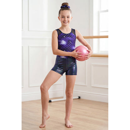 Charmo Girls 3 Pieces Mesh Back Printed Gymnastics Leotard Set with Shorts and Matching Hair Scrunchie 8-14 Years