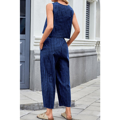 Attraco Women Sleeveless Cropped Top 2 Piece Gingham Loungewear Set Elastic Waist Pocket Wide Leg Cropped Pants Sets