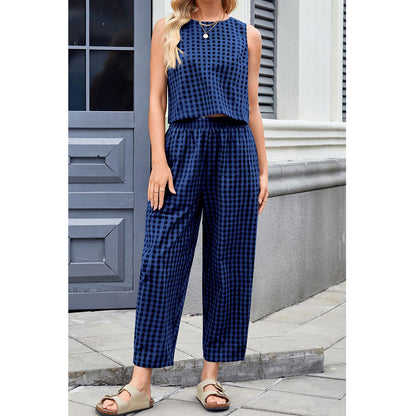 Attraco Women Sleeveless Cropped Top 2 Piece Gingham Loungewear Set Elastic Waist Pocket Wide Leg Cropped Pants Sets