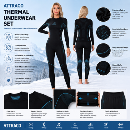 Attraco Women's Seamless Thermal Underwear Set Compression Base Layer Long Johns Moisture Wicking Winter Thermal Clothing for Ski Hiking