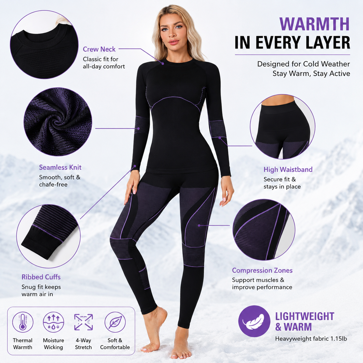 Attraco Women's Seamless Thermal Base Layer Set Long Sleeve Compression Top & High Waist Leggings Winter Ski Underwear