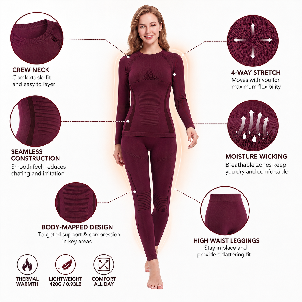 Attraco Women's Seamless Thermal Underwear Set Long Sleeve Compression Base Layer Top & Leggings Cold Weather Activewear