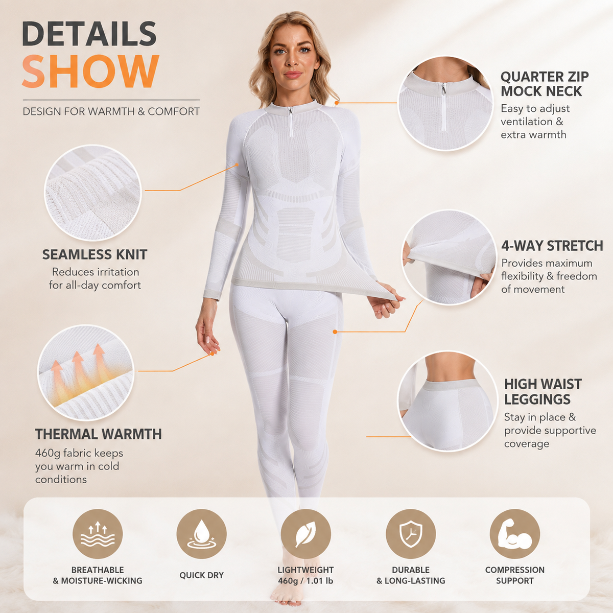 Attraco Women's Quarter Zip Thermal Base Layer Set Seamless Long Sleeve Compression Top & High Waist Leggings Winter Ski Underwear