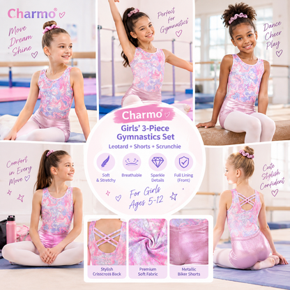 Charmo Girls' 3pc Gymnastics Leotard Set Marble Print Sleeveless Dance Bodysuit with Metallic Shorts & Scrunchie Pink 5-12 Years