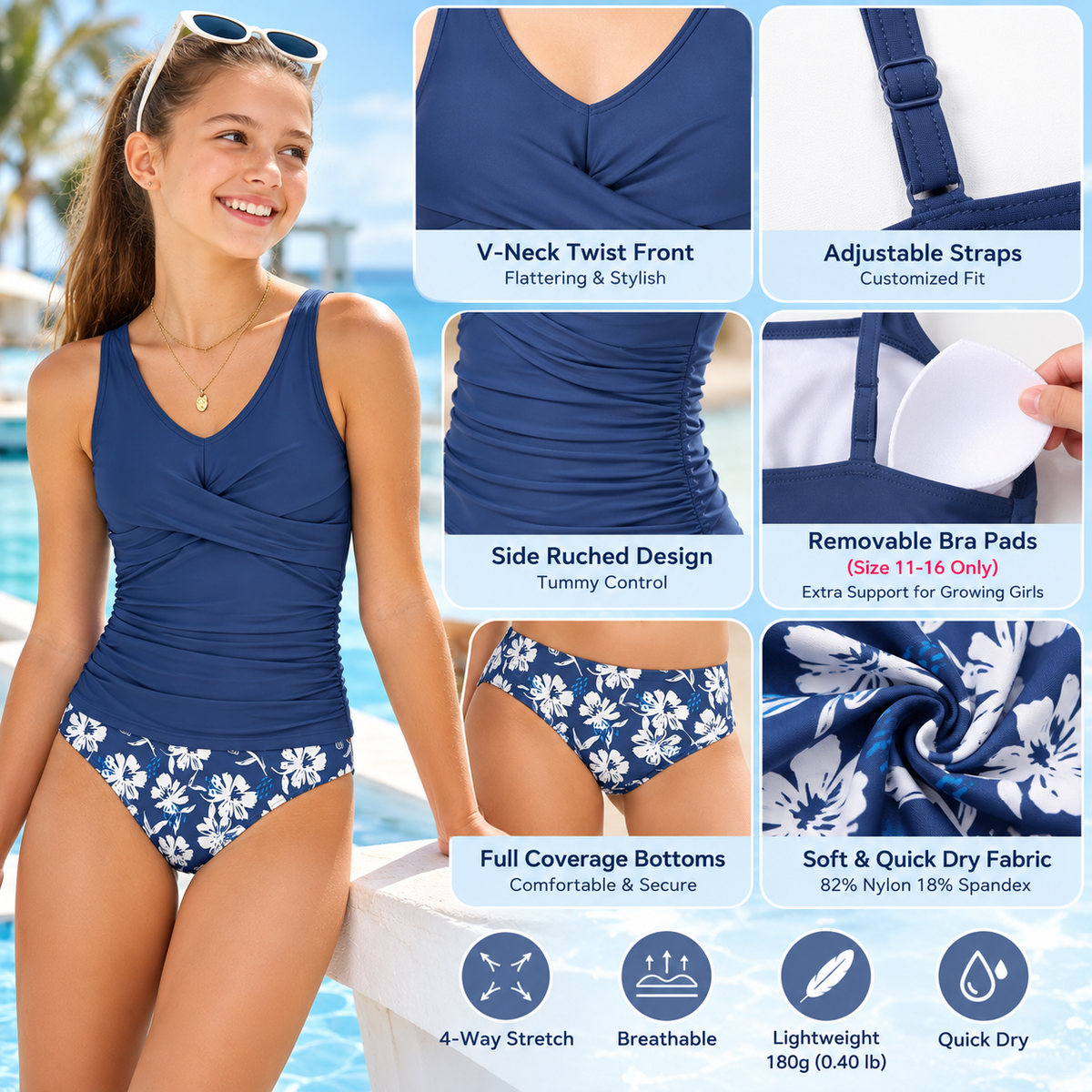 Charmo Girls Tankini Swimsuit 2 Piece V Neck Ruched Teen  Bathing Suit with Removable Pads